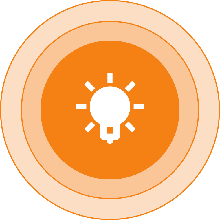 Group 1321315023 Icon of a white light bulb with rays, set against an orange circular background.
