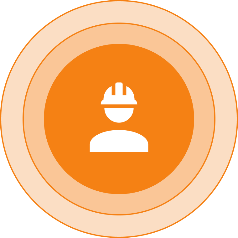 Group 1321315024 Icon of a person wearing a construction helmet, centered on an orange circle background.